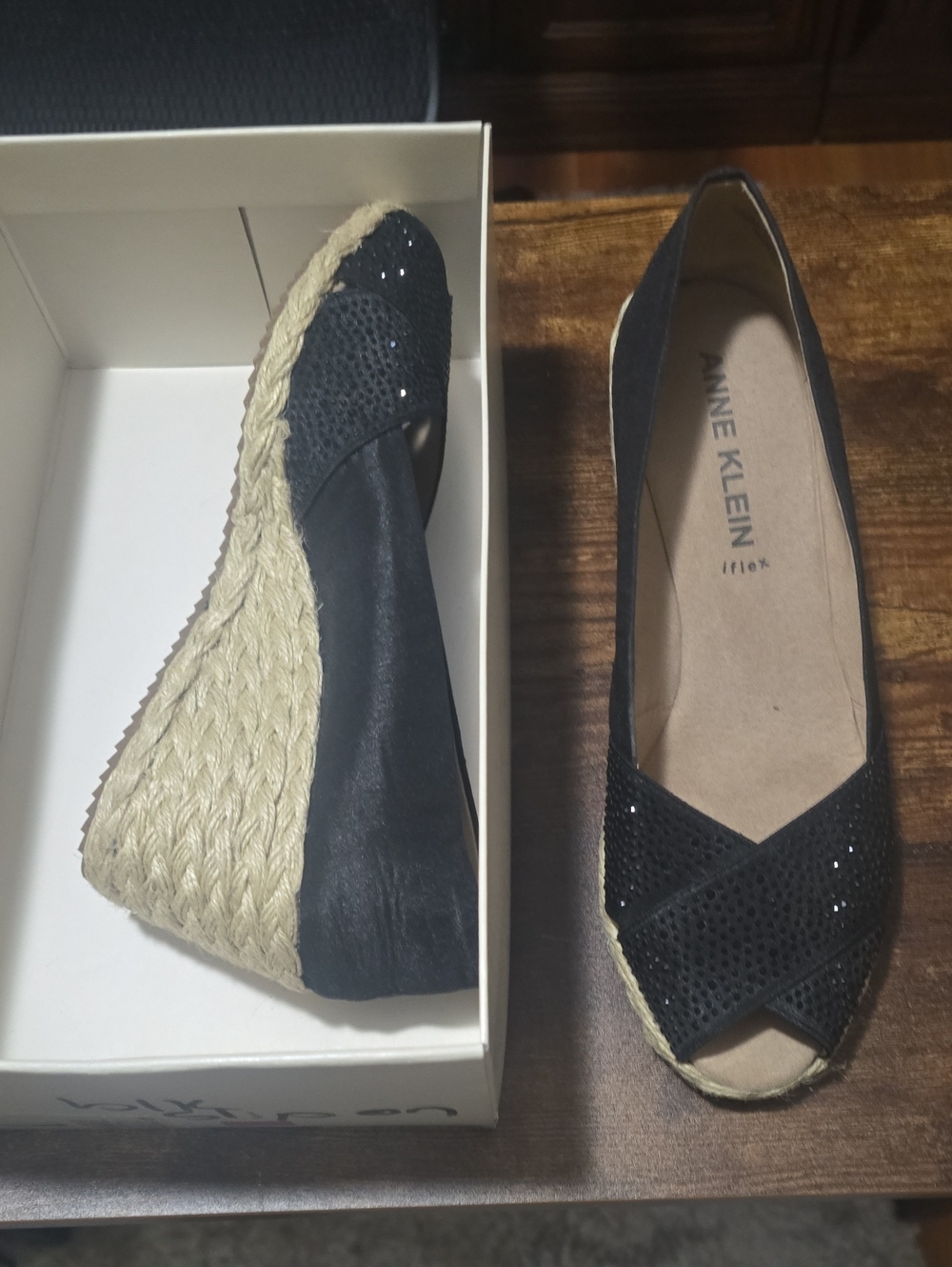 New Anne Klein Black Espadrille Wedge Peep-Toe Flats